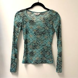 vintage long sleeve mesh turquoise abstract print top